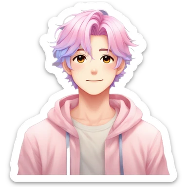 Gorgeous romantic anime style shojo man with blushing face aesthetic and pretty colorful shiny gradient pastel hair trending style sticker