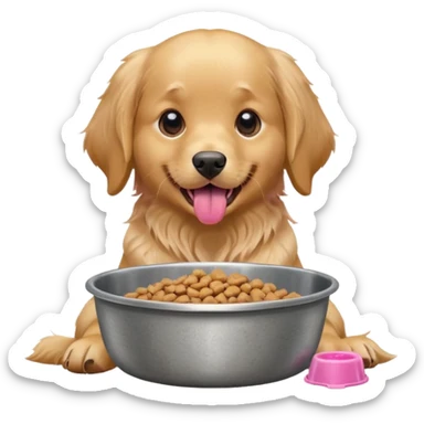 dog with dog food in bowl in front of him, tongue out sticker