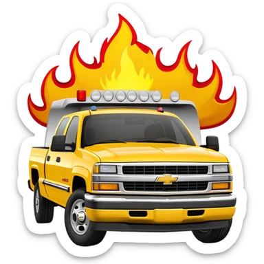 Bright yellow 1997 Chevrolet C-2500 Crew Cab Silverado from Kill Bill with red flame decals on the front hood, 30-degree view showing flames clearly, iOS emoji style sticker