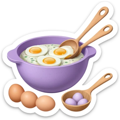 a lilac ceramic mixing bowl with a wooden spoon stirring and sitting next to it is a dozen eggs with the carton lid open sticker