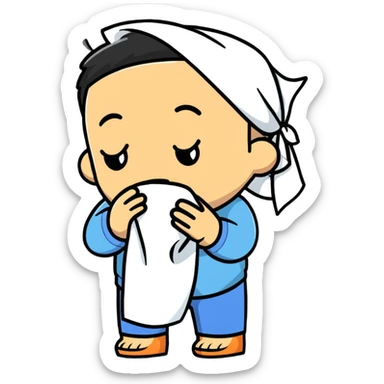 Cartoon character wiping forehead with handkerchief, sweating heavily sticker