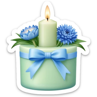 Chanel candle in blue and green with a light blue bow and cornflower bouquet  sticker