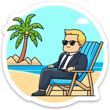 blonde man in business suit sitting on beach chair, vacation setting with palm trees sticker