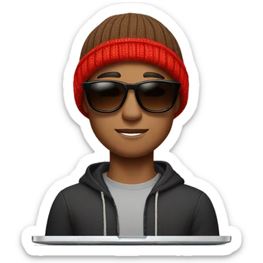 brown short hair man in his 20s with sunglasses and a red beanie with a pom-pom, has AirPods in and is on a Mac laptop sticker