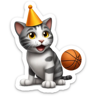 cat playing basketball wearing a birthday hat sticker