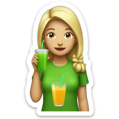 girl drinking a juice with a green t-shirt sticker