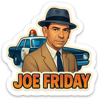 poster of Joe Friday inspired by the reference photo, retro stickers style, with a police car in the background sticker