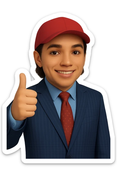 Change the skin tone to white. Maintain the 70% realistic emoji style of a smiling man in a pinstripe suit and red cap, giving a thumbs up. Transparent background. sticker