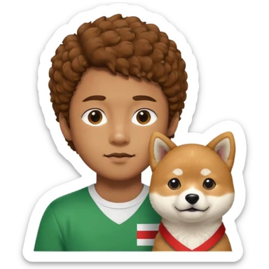 Italy flag shirt boy with chin hairs brown curly hair next to Shiba Inu sticker