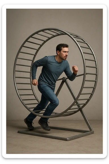 uomo che corre dentro la ruota del criceto come un circolo vizioso immagine realistica sticker