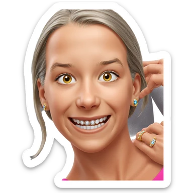smiling older woman with jewelry sticker