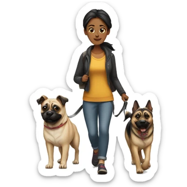 Woman Walking two dogs. Pug and German shepherd  sticker