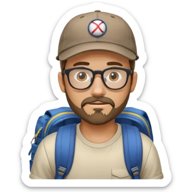 adventurer with goatee beard (no beard on cheeks), short hair, glasses, backwards baseball cap and backpack sticker