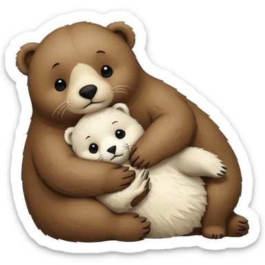 small white seal hugging a big brown bear sticker