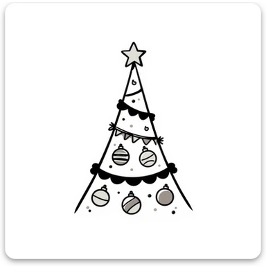 A Christmas tree with decorations in pastel colors (dd9fb0, ffc6d3, a3bfc9, c4bee2, f1b091), hand-drawn doodle style sticker