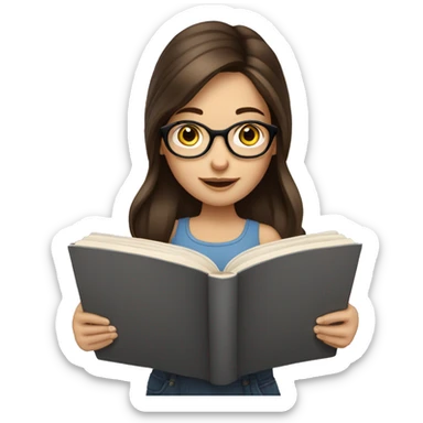 Medium length brunette haired girl with blue eyes reading a book and wearing glasses  sticker