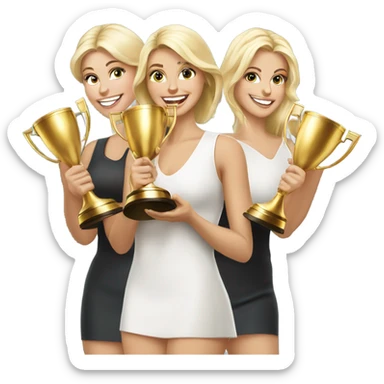 Six beautiful blonde women celebrating with huge golden trophy sticker