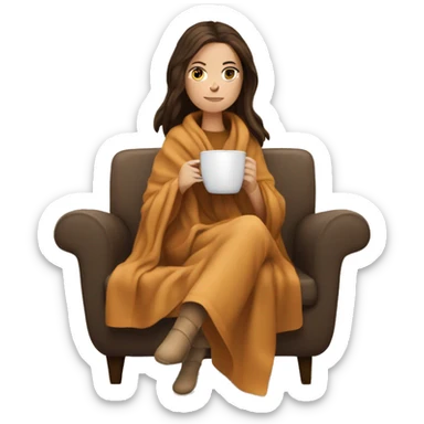 Brunette white girl covered in blanket autumn vibe sitting on a cozy chair holding coffee sticker