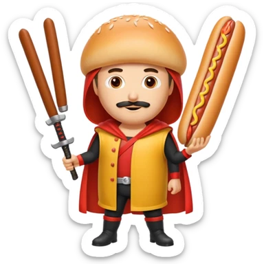 Middle aged attractive man wearing a hot dog costume wielding a katana sticker