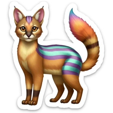 Colorful shiny striped tropical glorious iridescent divine exotic cute cool beautiful realistic caracal-civet-genet-sergal-vernid-Cacomistle-Trico-oncilla-animal-Fakémon-hybrid-fursona (full body) sticker