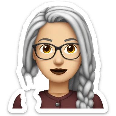 Attractive Caucasian woman with long straight grey hair worn in a braid, she has brown eyes, and is wearing wire frame glasses with dark red lipstick, she has a slightly  chubby face sticker