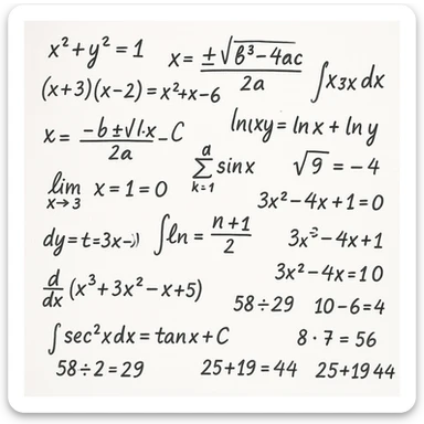 handwritten mathematical calculations including expressions, formulas, and numbers isolated on a white background, hyperrealistic 3D render style, sharp details, neutral lighting sticker