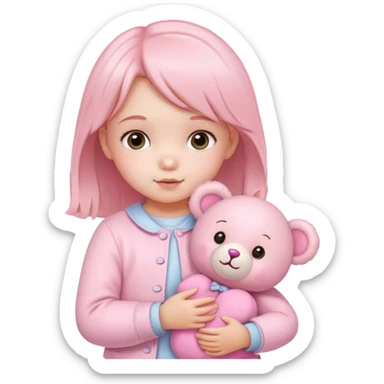 cute toddler girl with pastel pink clothes holding a pink teddy bear sticker