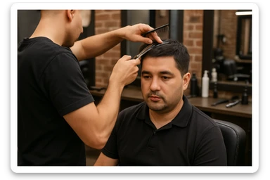 yuzi ko'rinmasin sartaroshxonada ishlayotganini tasvirlab ber mijozlarni sochini olayotganini sticker