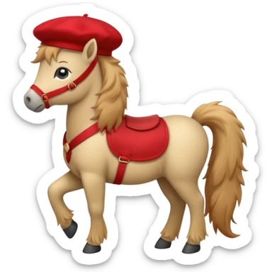 A cute pony (horse) emoji, full body, standing in side view, wearing a stylish red beret. sticker