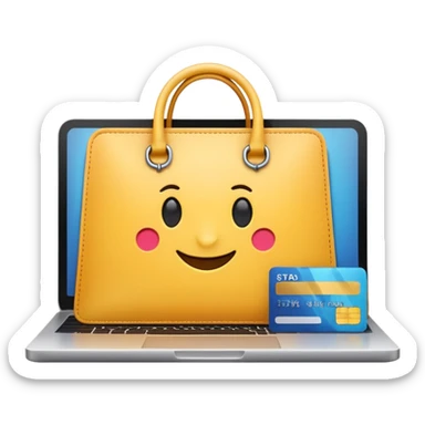 laptop with credit card and shopping bag, e-commerce, high fidelity, smooth edges, emoji style sticker