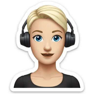 Buzz cut white girl, blue eyes, all black outfit, drone headset placed on TOP of head sticker