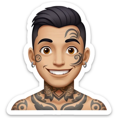 man with bold face tattoos, happy face sticker