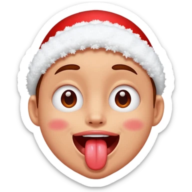 Someone got hit with a snowball and has snow on their face but is happy and smiling with their tongue out but their eyes are red sticker