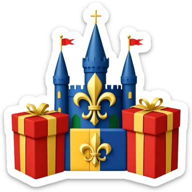  flag with 4 boxes: gold fleur-de-lis on deep blue/black; green, yellow, red stripes in upper right and lower left with green star in upper right; yellow castle on red in lower right. Flat vector, clean, high contrast, clear at small size. sticker