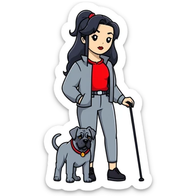 woman with long black hair and red lips next to a black Cane Corso dog with cropped ears and short tail sticker