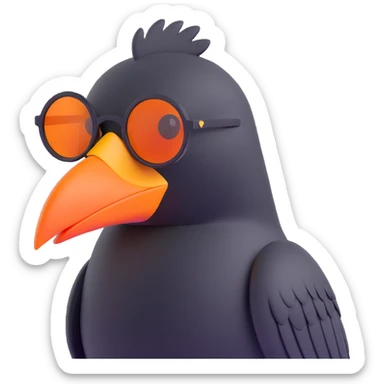 cartoonish 3D emoji of a black bird with a large orange beak and oversized round sunglasses, standing in the same pose as the reference image, looking to the right sticker