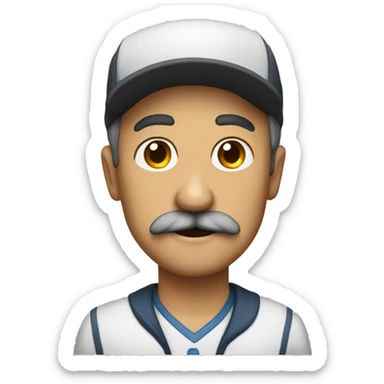 create a 40 year old father character with a mustache and a forward cap sticker