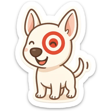 cute cartoon of Target store bullseye dog, standing, wagging tail, red bullseye on right eye, happy expression, chibi stickers style sticker
