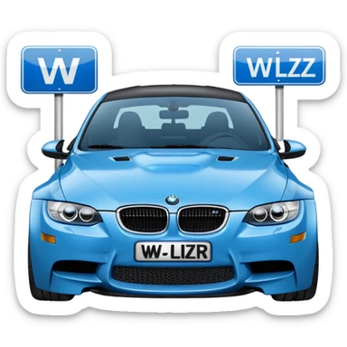 Make me an emoji with a blue bmw M3 and some kind of sign that says ‘W LZR’ sticker