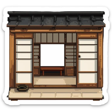 Traditional Japanese house with wooden structure, sliding doors, tatami floor sticker