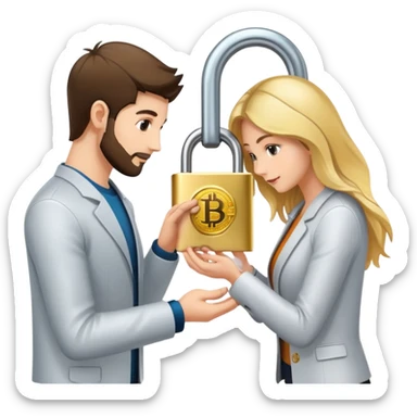Two people exchanging cryptocurrency with a secure lock in the middle representing escrow sticker