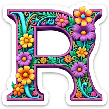 3D, gothic style psychedelic colored capital Letter P with hippie style flower border sticker