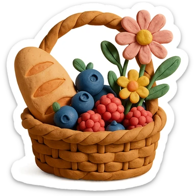 picnic basket with berries, bread, and flowers in warm pastel shades, claymation style sticker