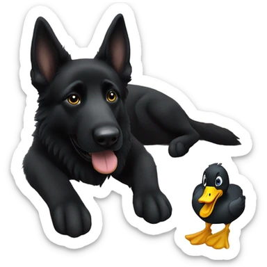 black German shepherd with a duck toy sticker