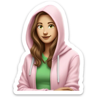 a girl with brown long hair, fair skin, green eyes, works relaxed and smiling at a modern laptop in a monochrome pale pink zip hoodie with a hood and a pink monochrome T-shirt sticker