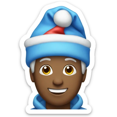 Person wearing a blue santa hat and smiling with a bag of gifts sticker