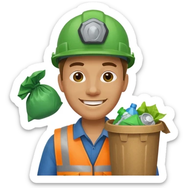 garbage man with green helmet holding garbage  sticker