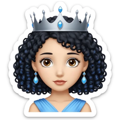 Por favor hazme el emoji de la princesa pero con el pelo negro y rizado, los ojos marrones y la corona plateada con jollas azules sticker