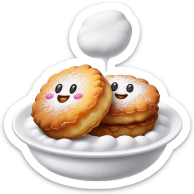 Buñuelo Cinematic Realistic Buñuelo Dessert Emoji, depicted as perfectly round, fluffy fritters served in a small bowl with a dusting of powdered sugar, rendered with vibrant textures and warm, inviting lighting. sticker