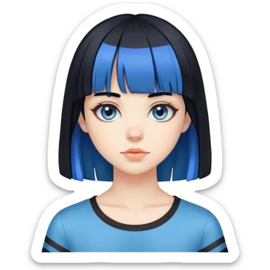 Pale girl, black hair with bangs, and two strips of blue hair sticker